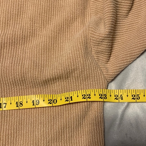 Easel boutique cowl neck sweater thin ribbed camel tan loose boxy exposed seams - Picture 3 of 8